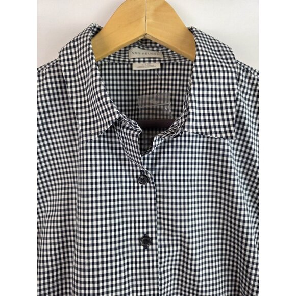 Van Heusen Women's Shirt Size Large Black Gingham Plaid 3/4 Sleeve Button Down - Picture 2 of 9